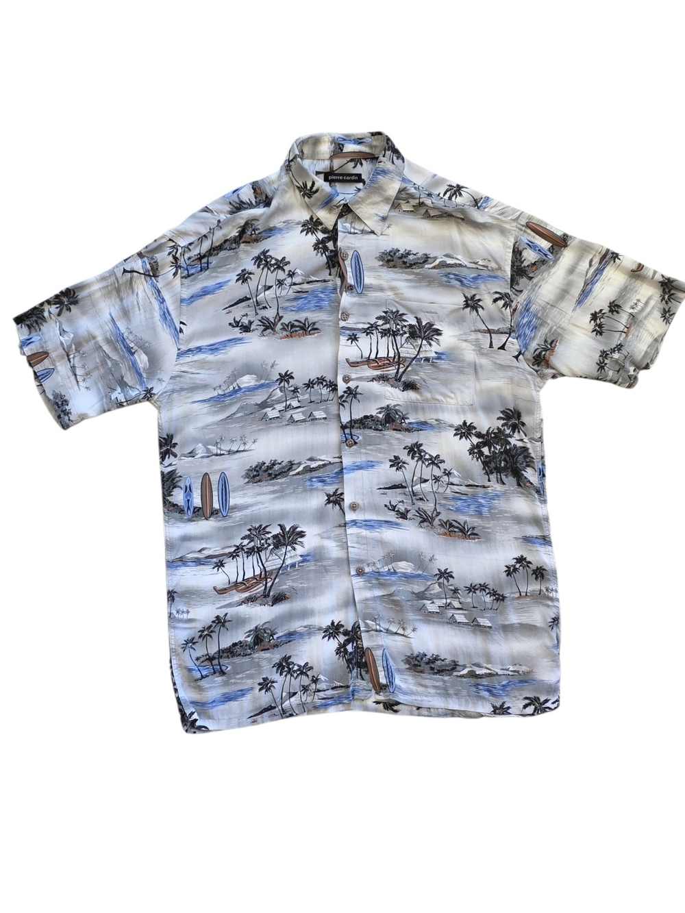 Pierre Cardin Large White Hawaiian Tropical Aloha Resortwear Button Up Shirt